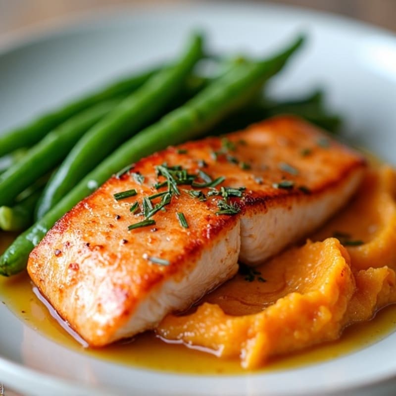 Pan-Seared Salmon with Steamed Green Beans and Sweet Potato Mash