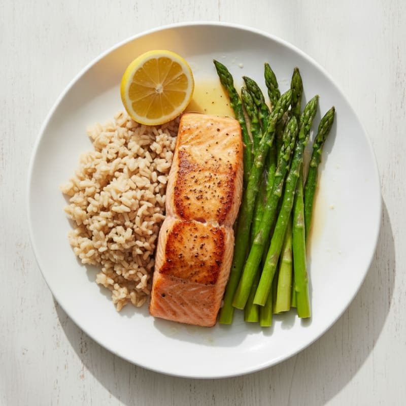 Seared Salmon Fillet with Steamed Asparagus and Brown Rice