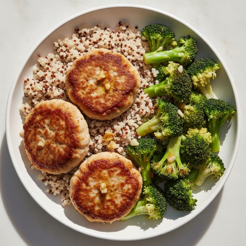Seared Turkey Patties with Steamed Broccoli and Quinoa