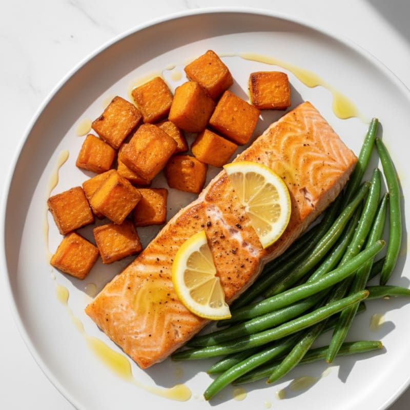 Seared Salmon Fillet with Roasted Sweet Potato and Green Beans