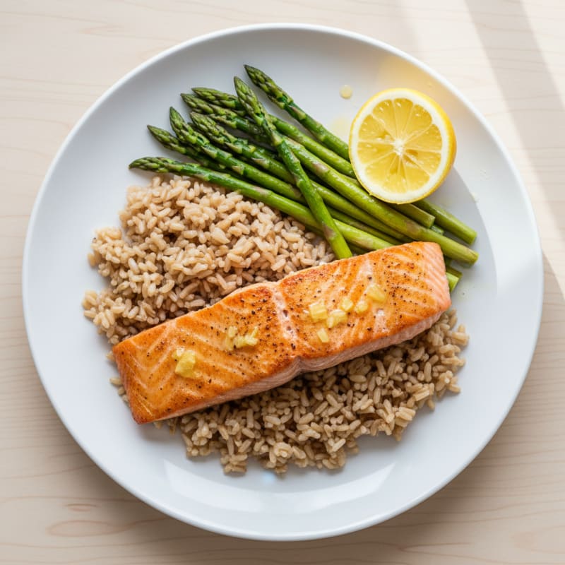 Seared Salmon Fillet with Steamed Asparagus and Brown Rice
