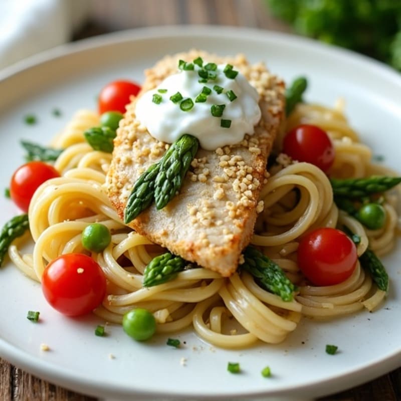 Creamy Chicken Pasta with Roasted Asparagus and Cherry Tomatoes