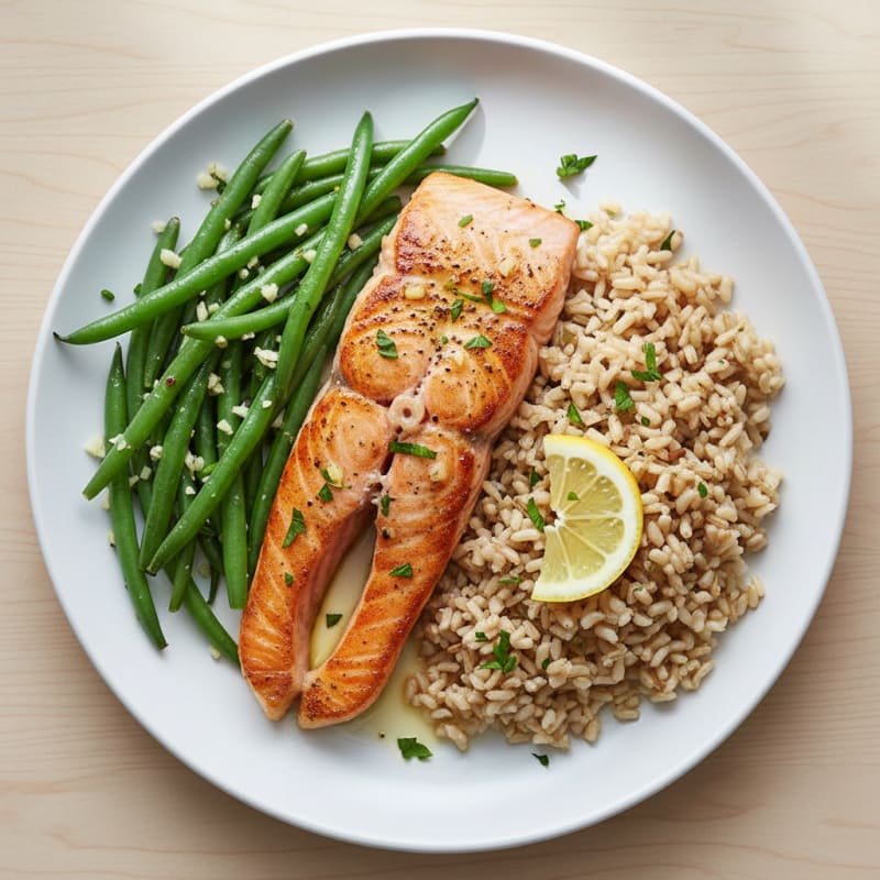 Seared Salmon Fillet with Garlic Green Beans and Brown Rice
