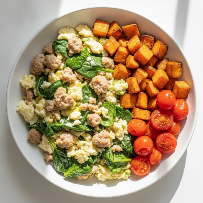 Egg White and Turkey Sausage Scramble with Spinach and Cherry Tomatoes