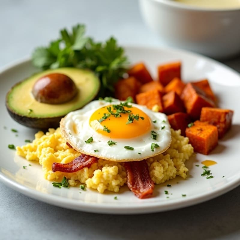 Crispy Turkey Bacon and Egg White Scramble with Roasted Sweet Potatoes