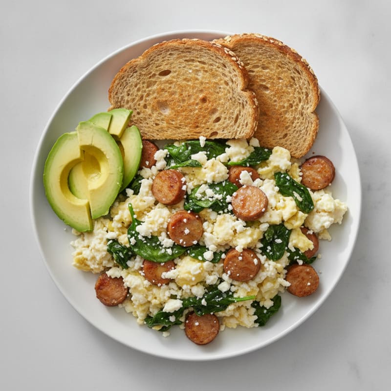 Egg White and Turkey Sausage Scramble with Spinach and Feta