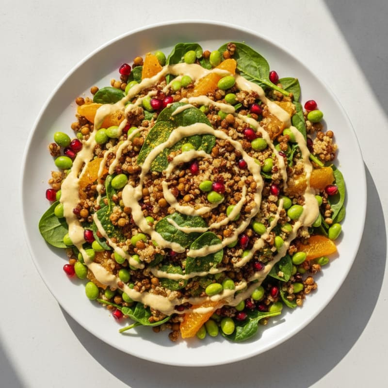 Crispy Lentil and Quinoa Power Salad with Edamame and Citrus Tahini Dressing