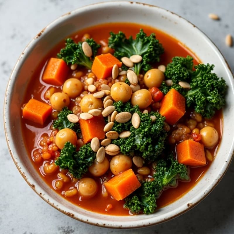 Lentil and Chickpea Stew with Leafy Greens and Toasted Pumpkin Seeds
