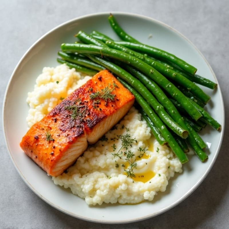 Seared Salmon with Steamed Green Beans and Garlic Cauliflower Mash