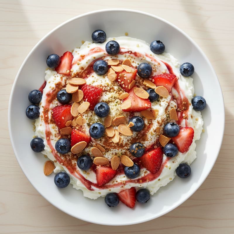 Cottage Cheese Greek Yogurt Bowl with Berries and Almonds
