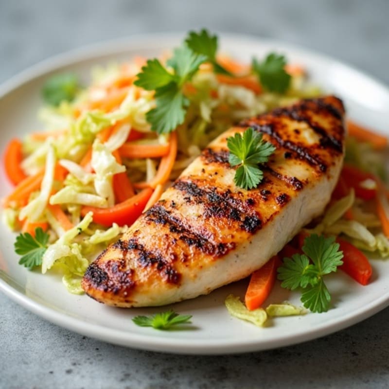 Grilled Chicken Breast with Crunchy Cabbage Slaw and Lemon Tahini Dressing