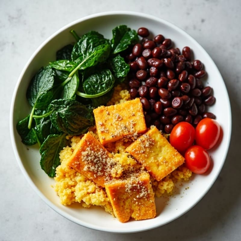 Crispy Tofu Scramble with Sautéed Spinach and Cherry Tomatoes