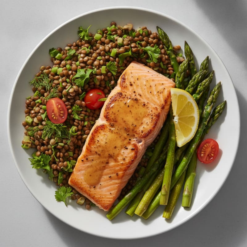 Seared Salmon with Roasted Asparagus and Lentil Salad
