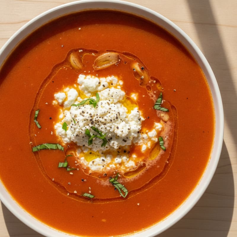 Roasted Tomato Soup with Herbed Cottage Cheese