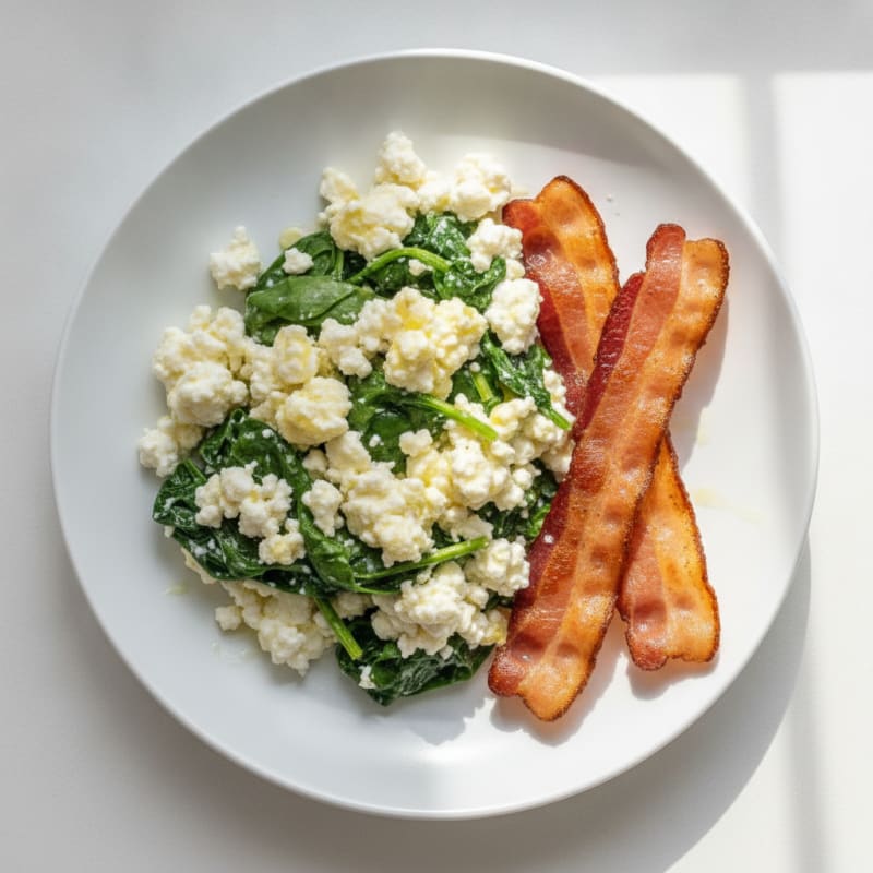 Cottage Cheese Egg White Scramble with Spinach and Turkey Bacon