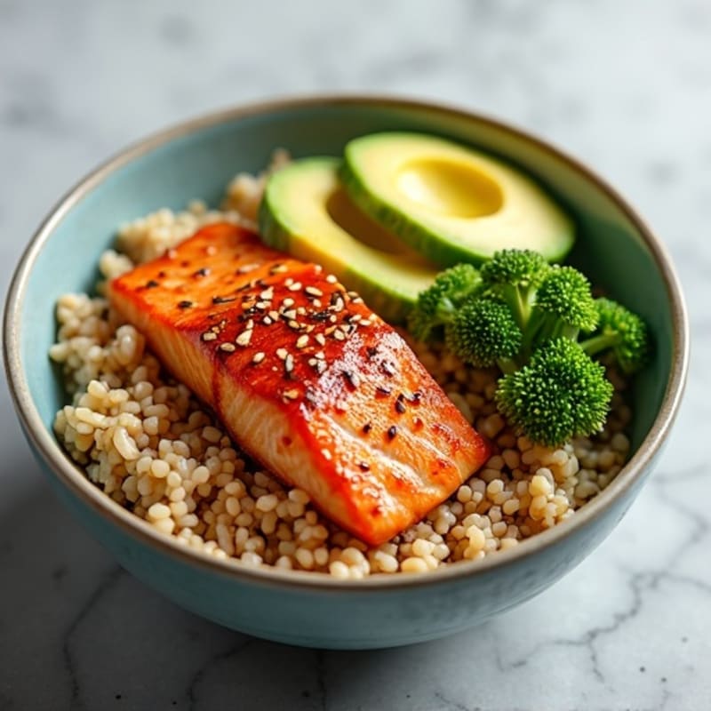 Spicy Sesame Salmon and Creamy Avocado Rice Bowl