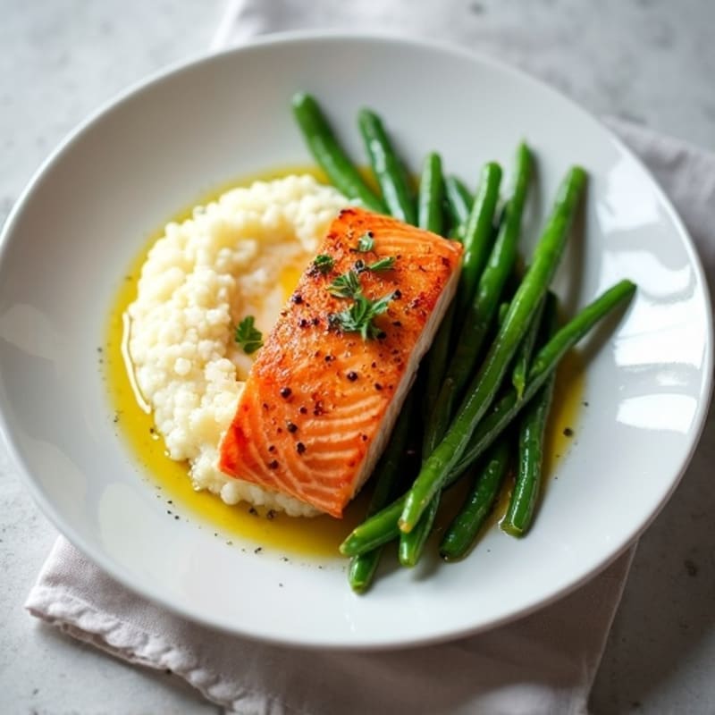 Seared Salmon with Steamed Green Beans and Cauliflower Mash