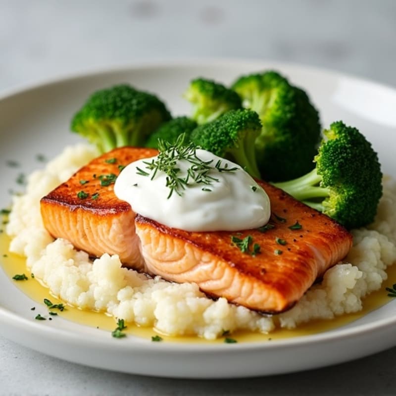 Seared Salmon Fillet with Steamed Broccoli and Garlic Cauliflower Mash