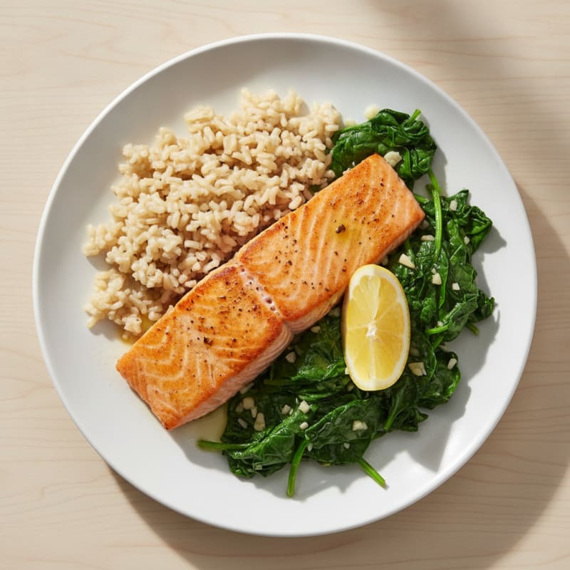 Seared Salmon with Garlic Sautéed Spinach and Brown Rice