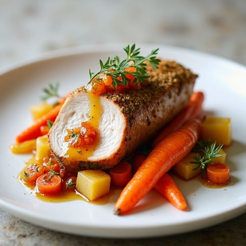 Herb-Crusted Pork Tenderloin with Roasted Root Vegetables and Tangy Apple Chutney