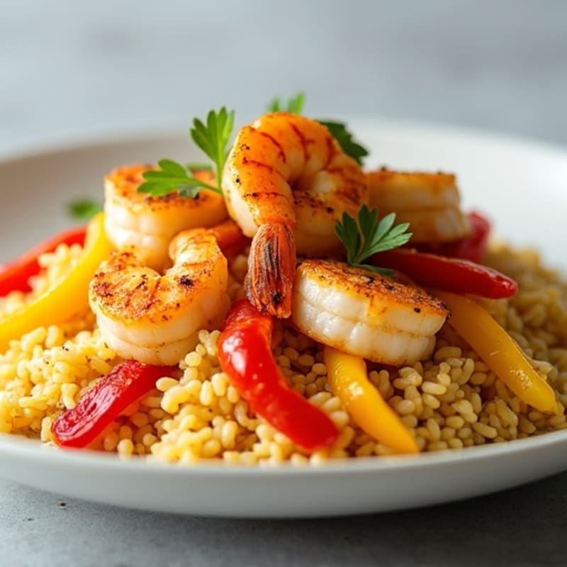 Crispy Saffron Rice with Pan-Seared Seafood and Sweet Bell Peppers