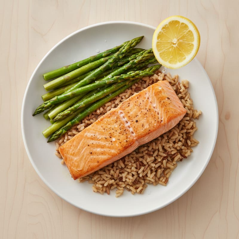 Seared Salmon Fillet with Steamed Asparagus and Brown Rice