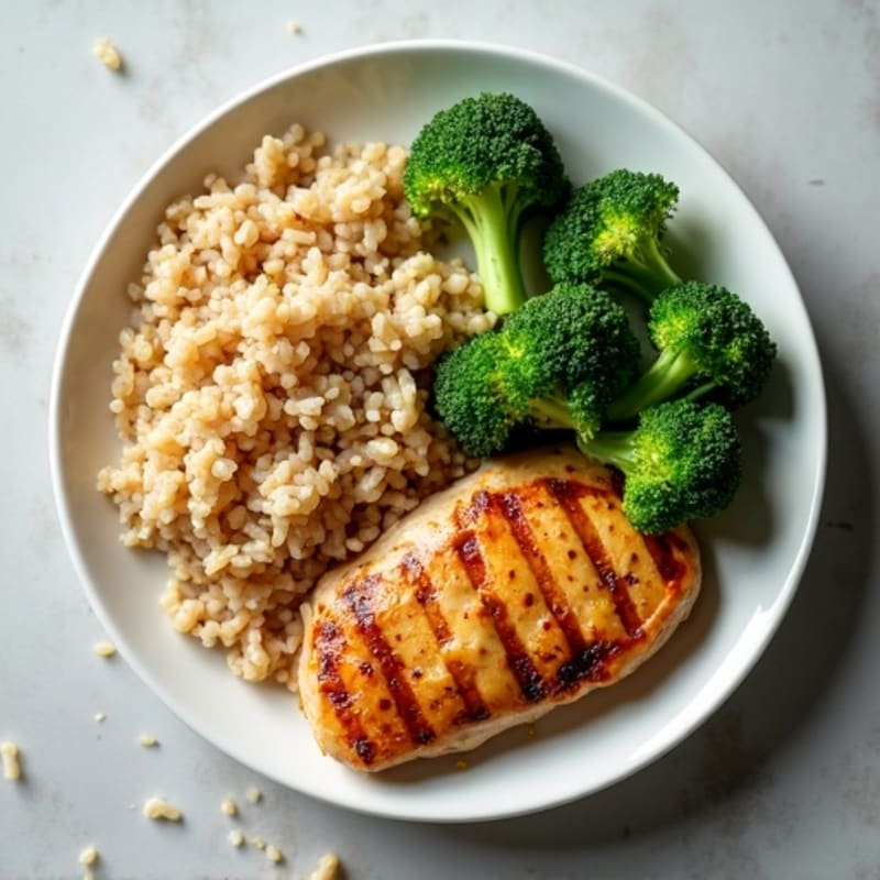 Grilled Chicken Breast with Steamed Broccoli and Brown Rice