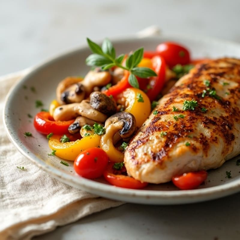Grilled Chicken Breast with Garlic Mushrooms and Roasted Bell Pepper Medley