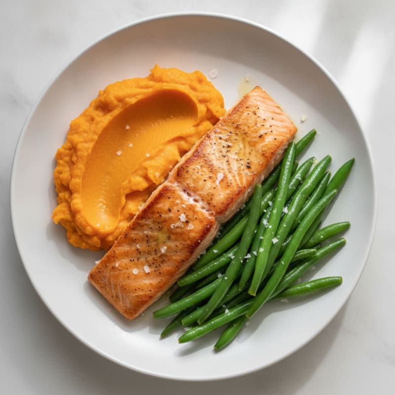 Seared Salmon Fillet with Steamed Green Beans and Sweet Potato Mash