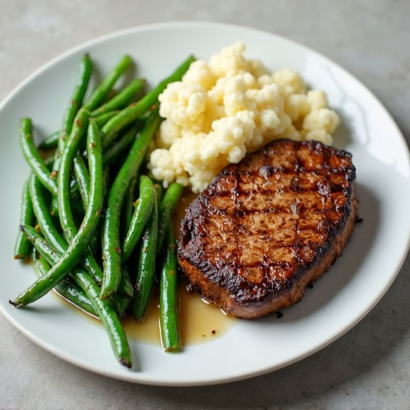 Seared Steak with Garlic Green Beans and Cauliflower Mash