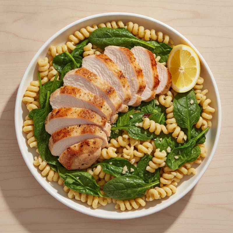 Seared Turkey Breast with Garlic Spinach and Chickpea Pasta