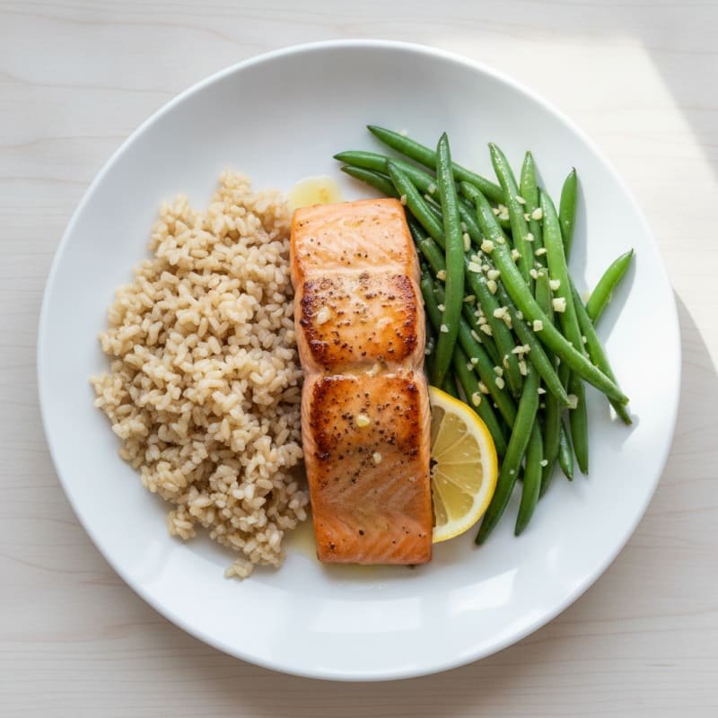 Seared Salmon with Garlic Green Beans and Brown Rice