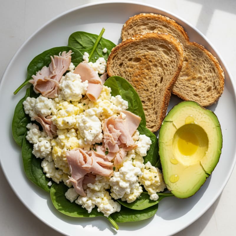 Cottage Cheese Egg White Scramble with Smoked Turkey and Sautéed Spinach