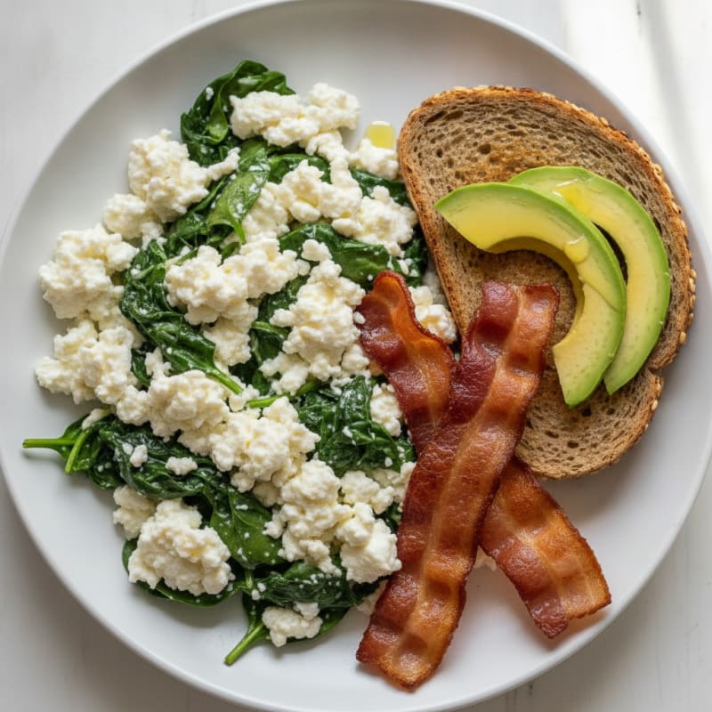 Cottage Cheese Egg White Scramble with Spinach and Turkey Bacon
