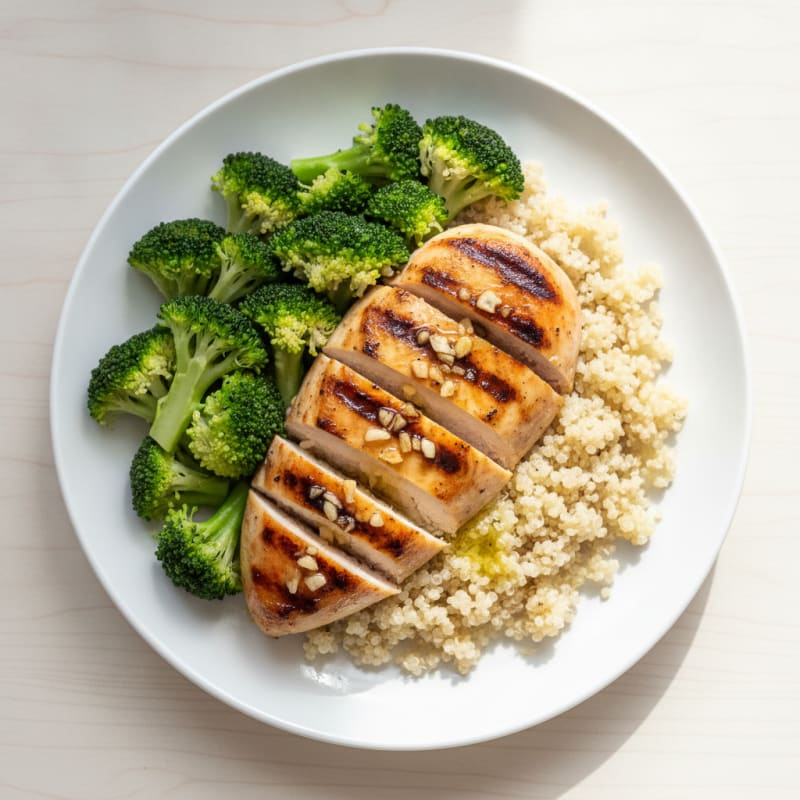 Grilled Lemon-Garlic Chicken Breast with Quinoa and Steamed Broccoli