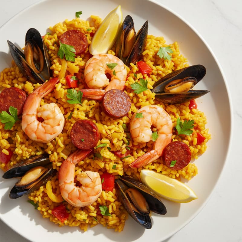 Saffron Seafood Paella with Chorizo