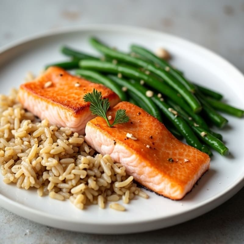 Seared Salmon with Garlic Green Beans and Brown Rice