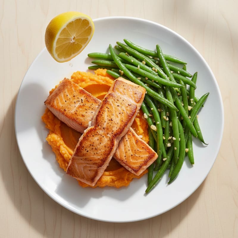 Seared Salmon with Garlic Green Beans and Sweet Potato Mash