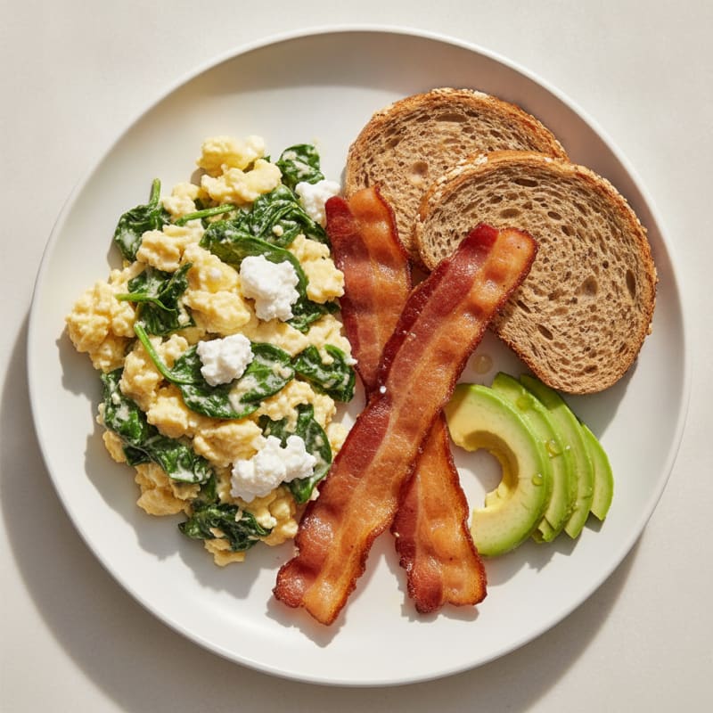 Cottage Cheese Scramble with Spinach and Turkey Bacon