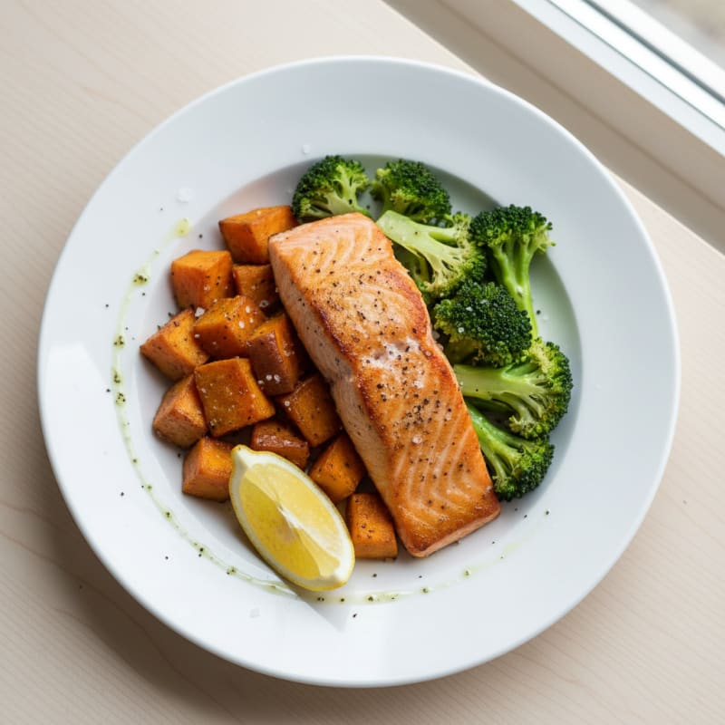Seared Salmon with Roasted Sweet Potato and Steamed Broccoli