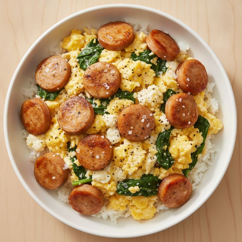 Chicken Sausage and Egg Scramble with Rice