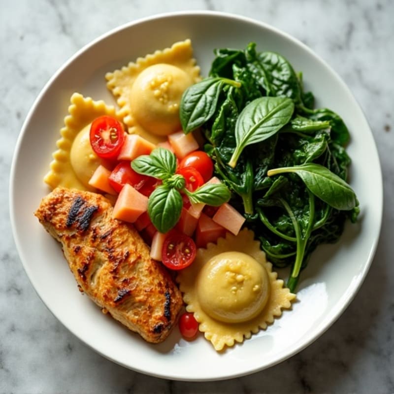 Spinach Ravioli with Light Tomato-Basil Sauce and Garlicky Greens