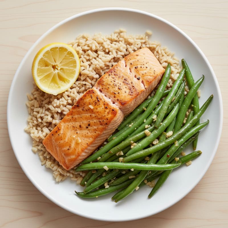 Seared Salmon with Garlic Green Beans and Brown Rice