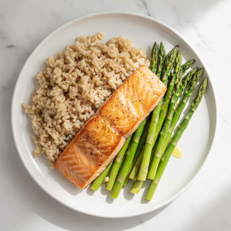 Seared Salmon with Steamed Asparagus and Brown Rice