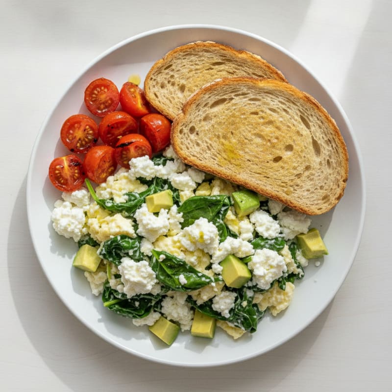 Egg White and Spinach Scramble with Cottage Cheese and Cherry Tomatoes