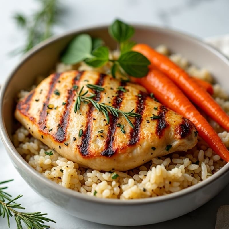 Grilled Chicken Breast with Herb-Roasted Carrots and Garlic Rice