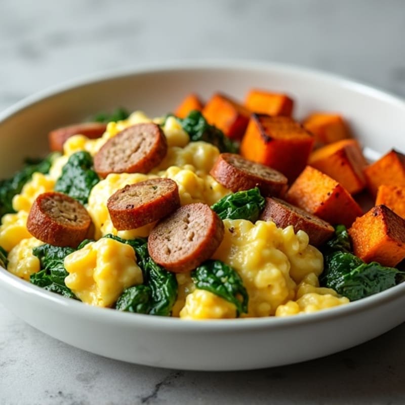 Egg White and Turkey Sausage Scramble with Spinach and Roasted Sweet Potato