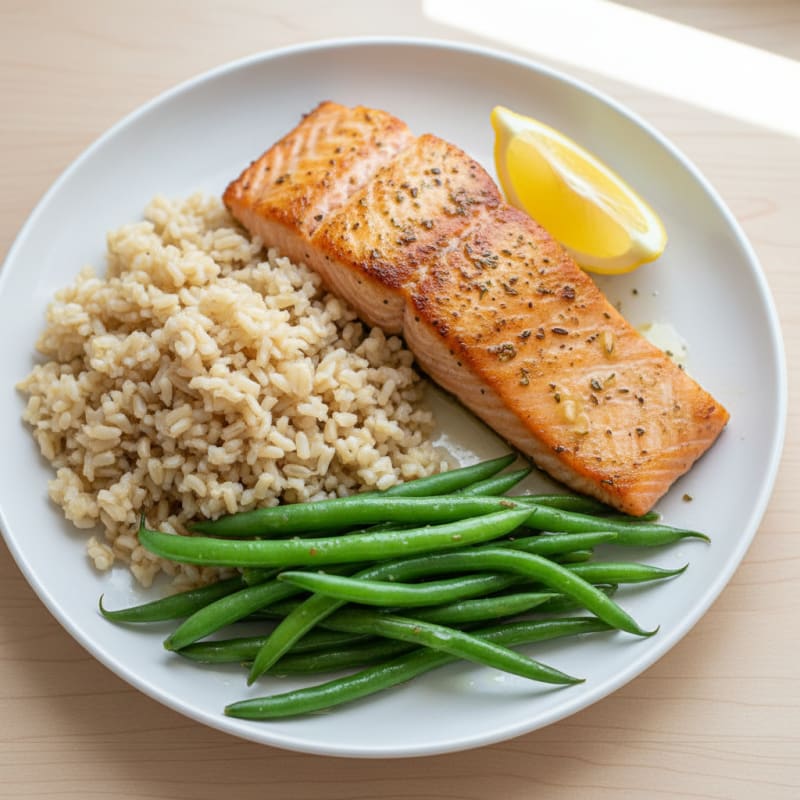 Seared Salmon with Steamed Green Beans and Brown Rice