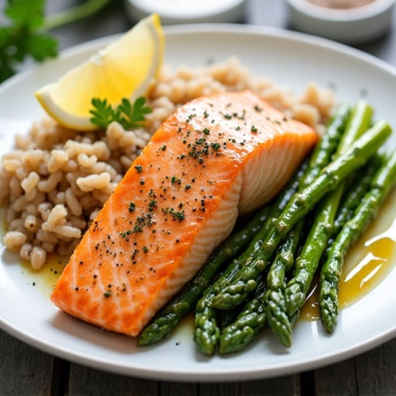 Seared Salmon Fillet with Steamed Asparagus and Brown Rice