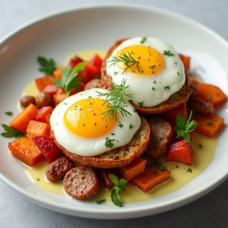 Poached Eggs with Crispy Sweet Potato Hash and Creamy Lemon Dill Sauce